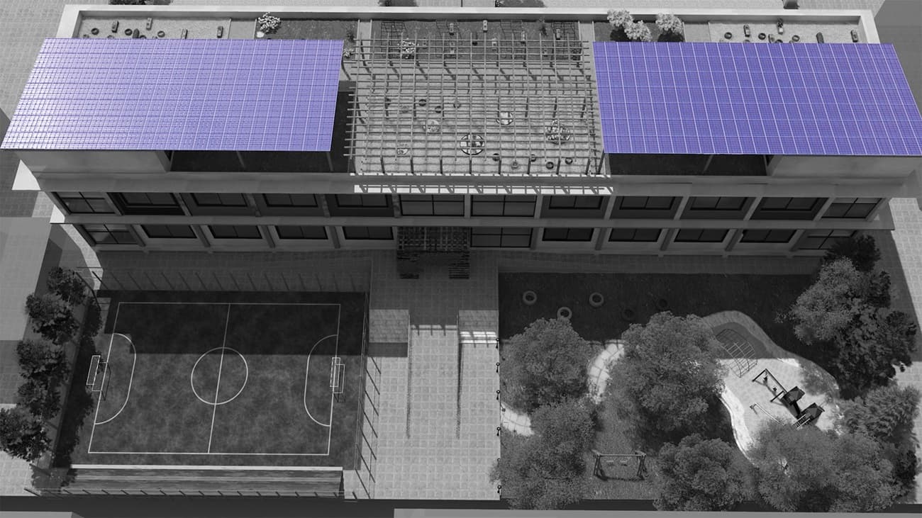 Big building with solar panels mounted on top.